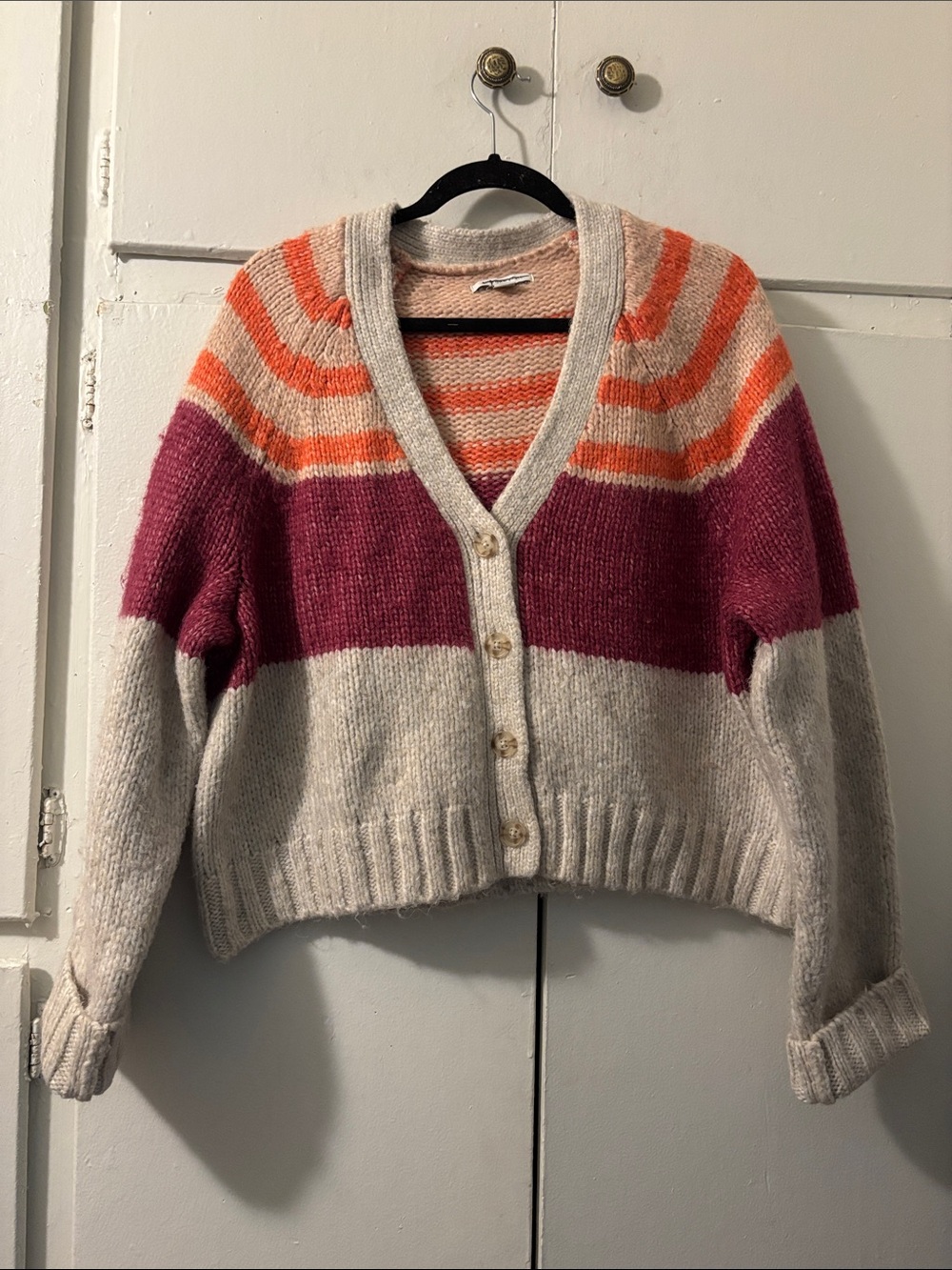 American Eagle Outfitters Cropped Striped V-Neck Cardigan - Pink, Orange & Cream
